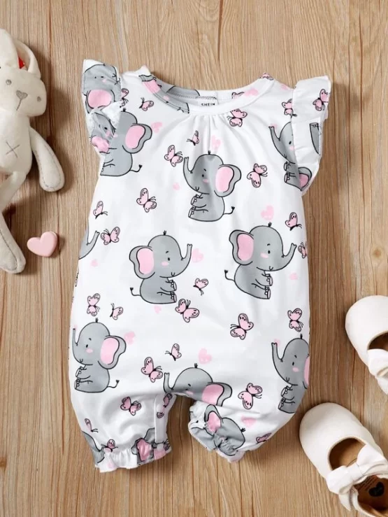 Baby Cartoon Elephant Ruffle Trim Print Romper