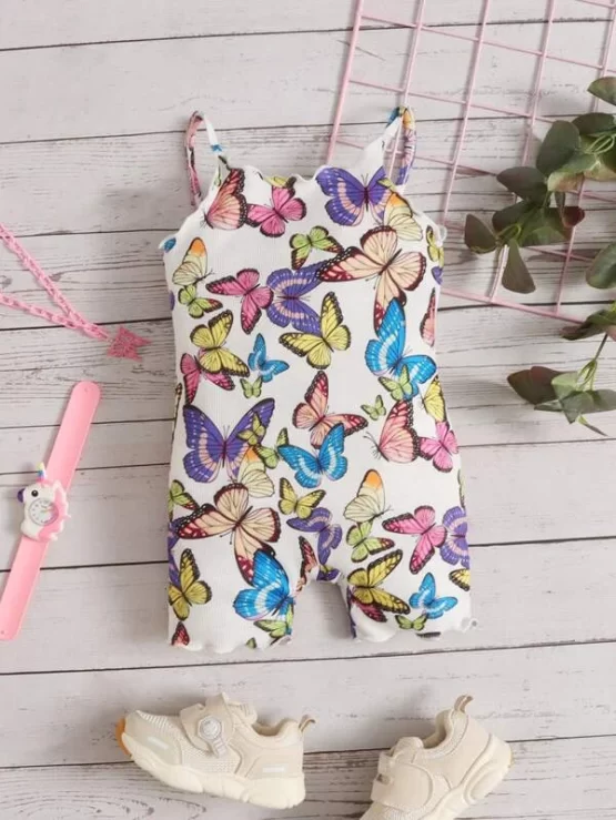 Baby Butterfly Print Lettuce Trim Cami Romper