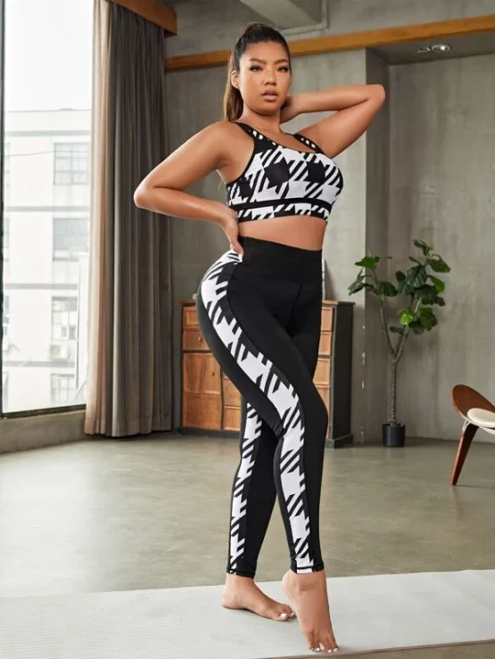 Plus Four-way Stretch Houndstooth Print Sports Set