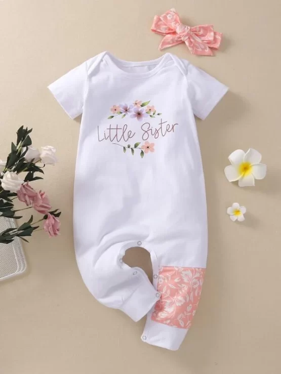 Baby Girl Floral & Letter Graphic Tee Jumpsuit With Headband