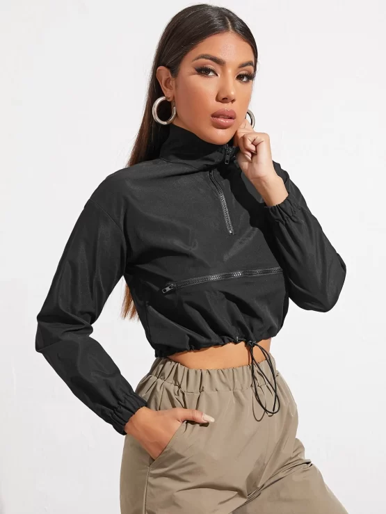 Zipper Half Placket Drawstring Hem Wind Crop Jacket