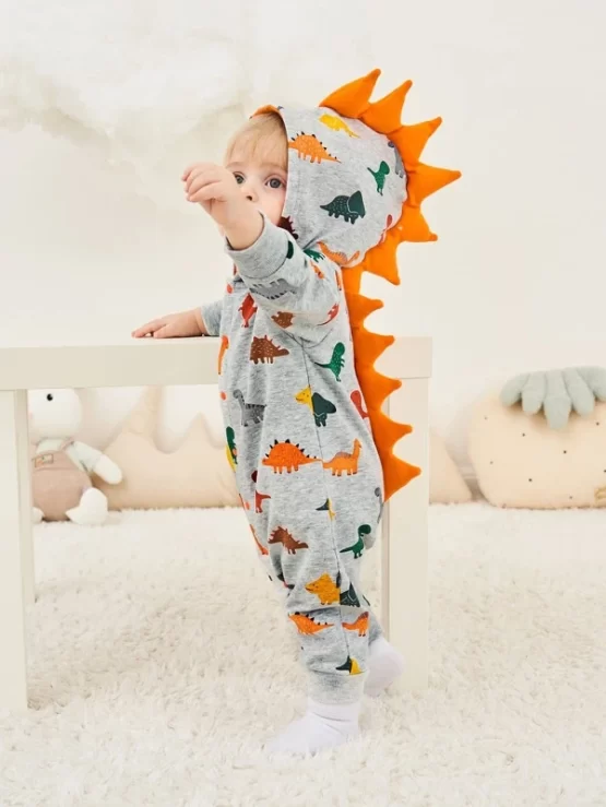 Baby Unisex Dinosaur 3D Spikes Hooded Print Jumpsuit
