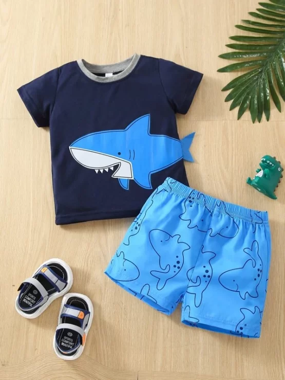 Baby Shark Print 3D Patched Tee & Shorts