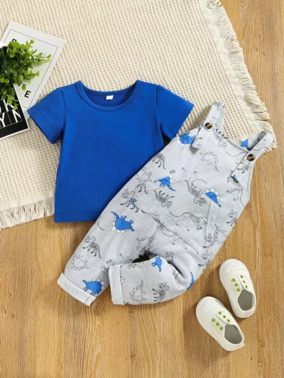 Baby Boy Solid Tee & Cartoon Graphic Pocket Overalls