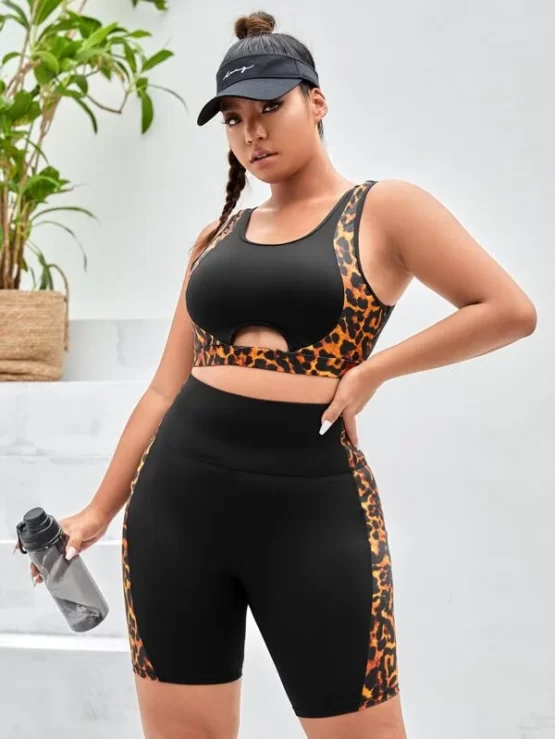 Plus Leopard Cut Out Wideband Waist Sports Set