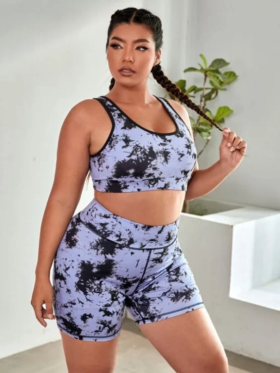 Plus Four-way Stretch Tie Dye Contrast Binding Scrunch Butt Sports Set