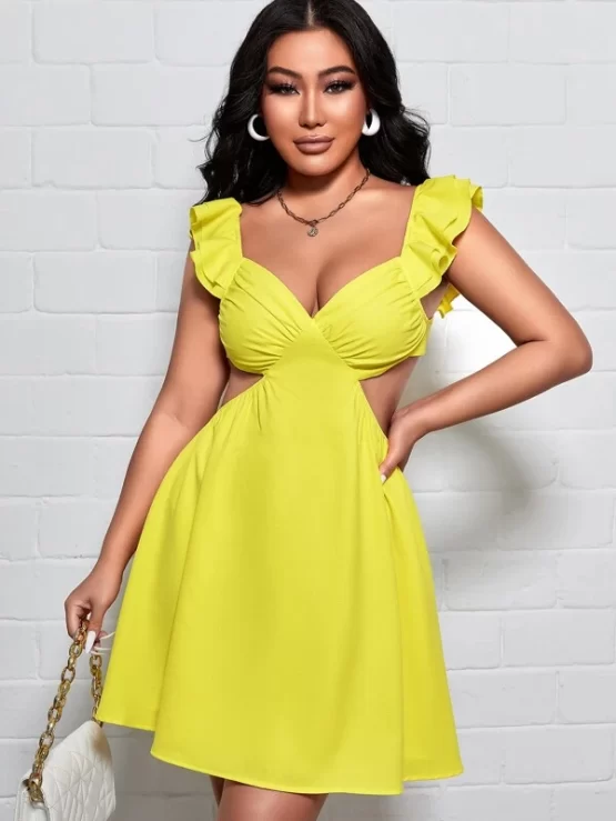 Ruffle Trim A Line Cut Out Tie Backless Dress