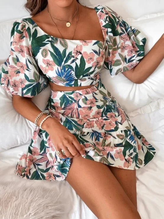Floral Print Lantern Sleeve Cut Out Asymmetrical Neck Ruffle Hem Dress