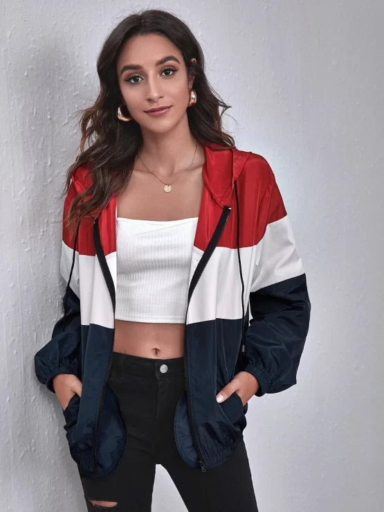 Pocket Side Color Block Wind Hooded Jacket - Image 2