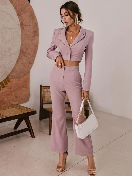 Glamaker Button Front Crop Blazer & Flare Leg Pants - Image 3