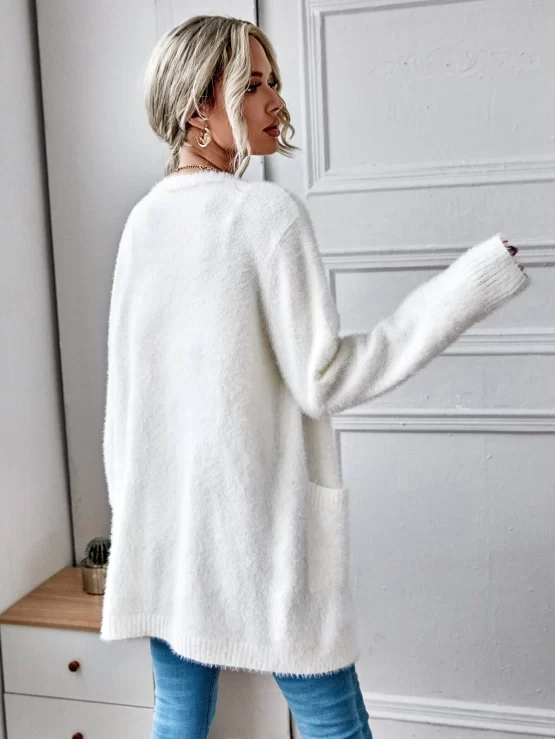 Plain Casual Patch Pocket Fuzzy Cardigan - Image 2