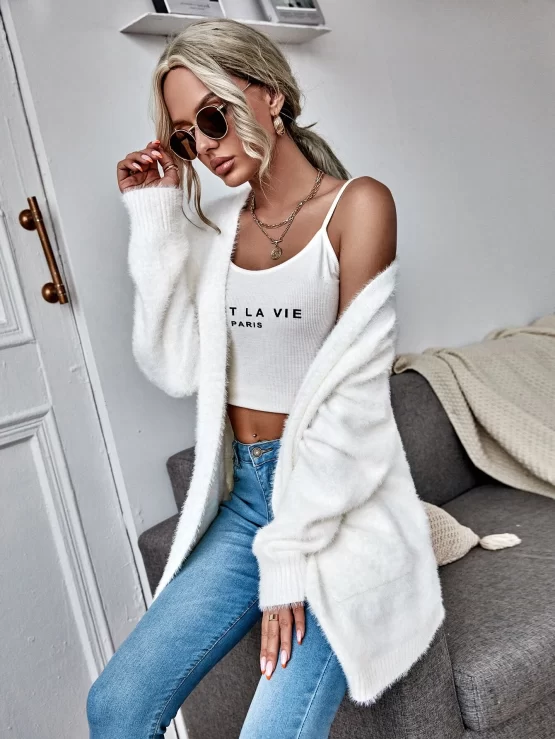 Plain Casual Patch Pocket Fuzzy Cardigan - Image 3