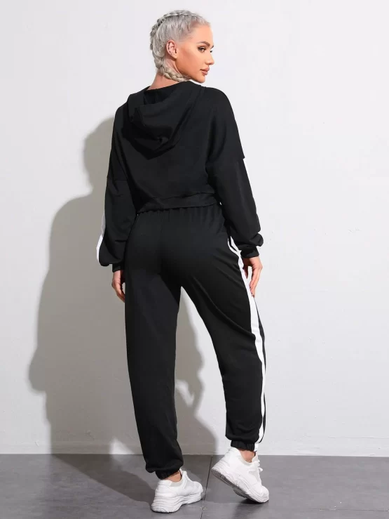 Contrast Panel Sports Hoodie With Drawstring Sweatpants - Image 3