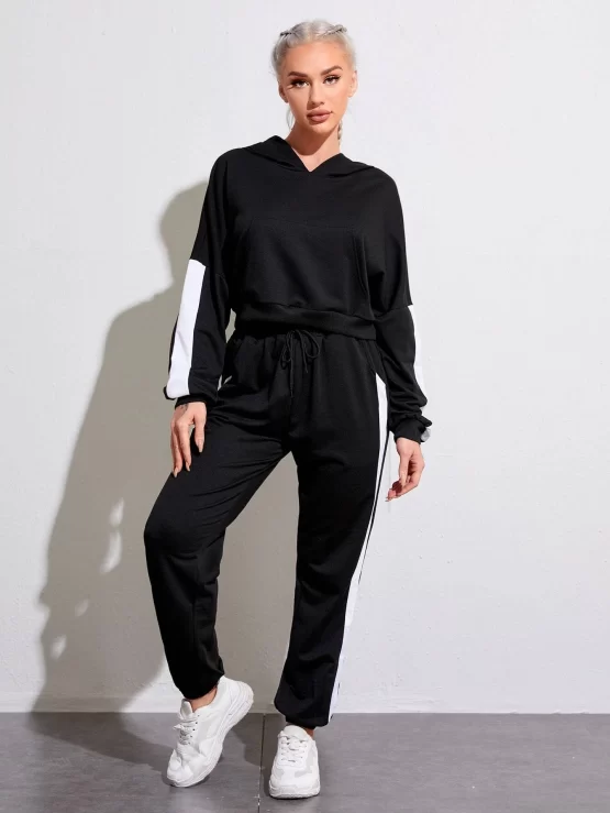 Contrast Panel Sports Hoodie With Drawstring Sweatpants - Image 2