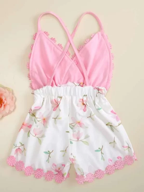 Toddler Girls Floral Lace Trim Cami Romper - Image 3