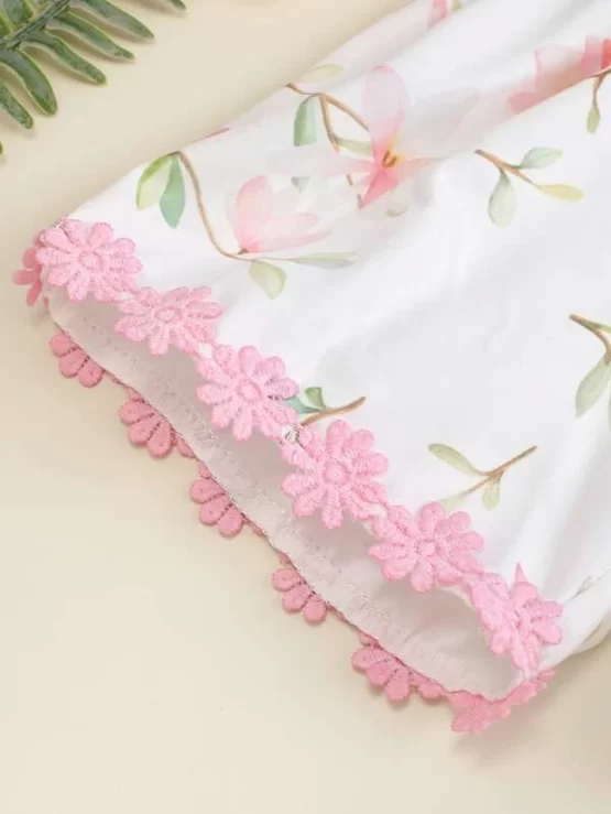 Toddler Girls Floral Lace Trim Cami Romper - Image 2