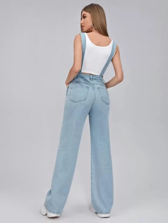 Adjustable Button Pocket Strap Denim Jumpsuit - Image 2
