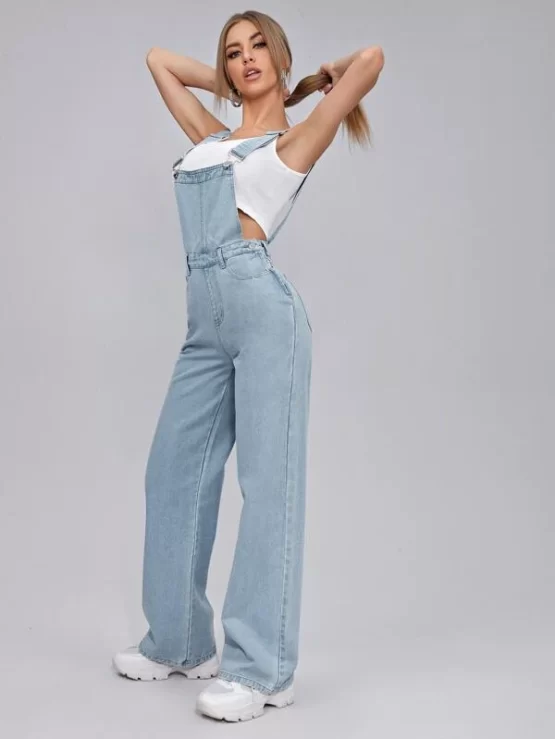 Adjustable Button Pocket Strap Denim Jumpsuit - Image 3