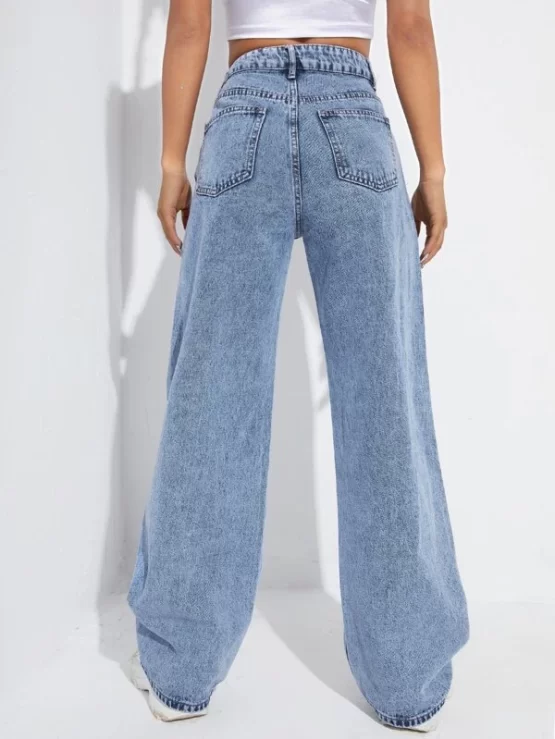 Asymmetrical High Waist Zipper Fly Wide Leg Jeans - Image 2