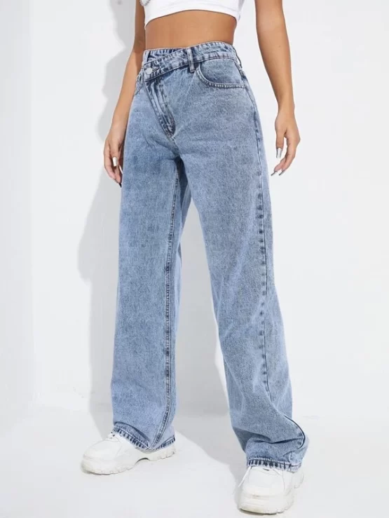 Asymmetrical High Waist Zipper Fly Wide Leg Jeans - Image 3