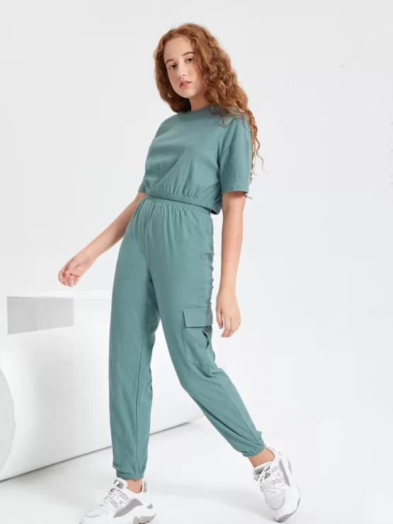 Teen Girls Drop Shoulder Solid Crop Top & Flap Pocket Pants Set - Image 3