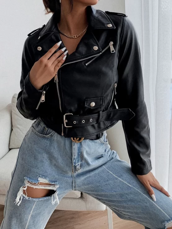 Notch Neck Zip Front Belted PU Leather Jacket - Image 3