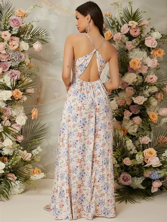 Floral Ditsy Print Wrap Backless Split Thigh Cami Dress - Image 3