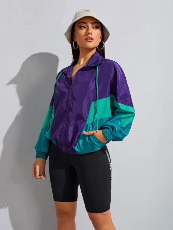 Color Block Dolman Sleeve Drawstring Slant Pockets Wind Sports Jacket - Image 3