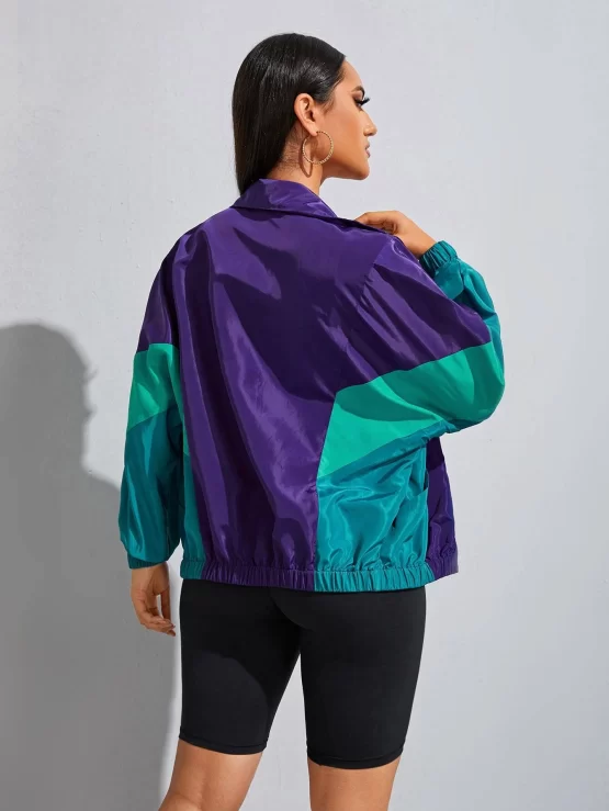 Color Block Dolman Sleeve Drawstring Slant Pockets Wind Sports Jacket - Image 2