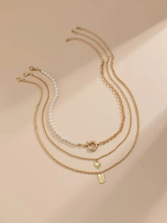 Three Pieces Heart Faux Pearl Decor Necklace - Image 2