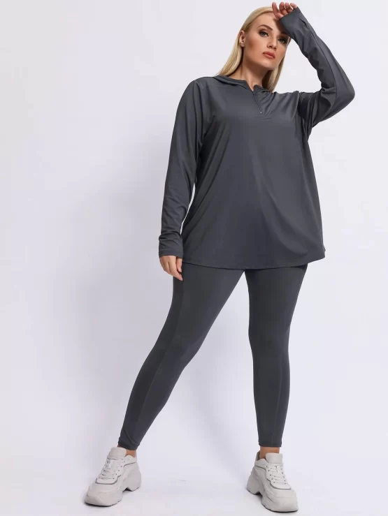 Plus Solid Sports Thumb Holes Hoodie & Leggings - Image 2