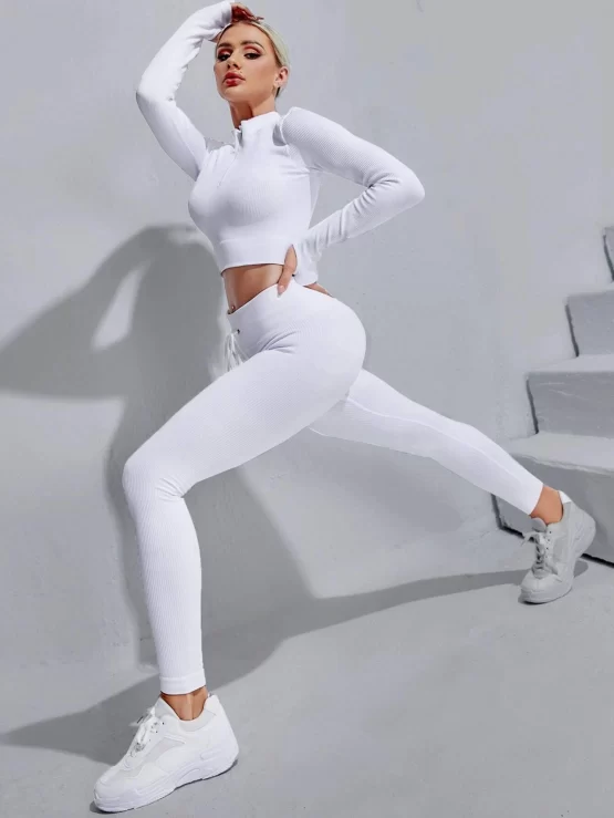 Zipper Drawstring Half Placket Rib-knit Sports Set - Image 5