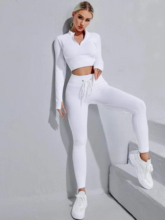 Zipper Drawstring Half Placket Rib-knit Sports Set - Image 4