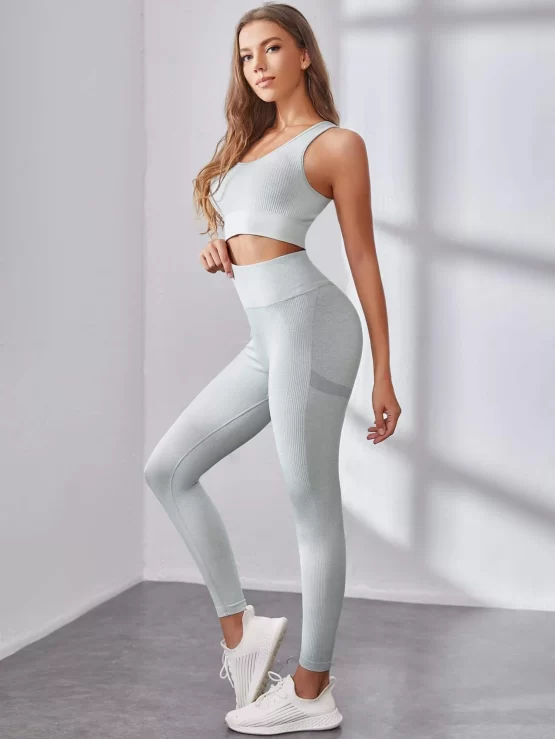 Open Plain Backless Sports Top & Leggings Set - Image 2