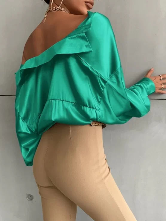 Bishop Collar Sleeve Button Up Satin Shirt - Image 4