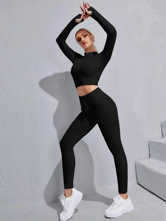Zipper Drawstring Half Placket Rib-knit Sports Set - Image 3