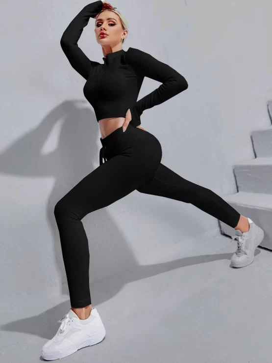 Zipper Drawstring Half Placket Rib-knit Sports Set - Image 2