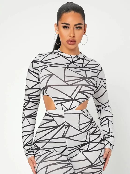Geometric Print Cut Out Waist Unitard Skinny Jumpsuit - Image 2