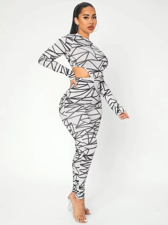 Geometric Print Cut Out Waist Unitard Skinny Jumpsuit - Image 3