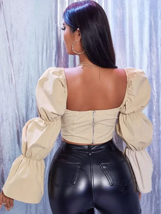 Sweetheart Gathered Sleeve Lace Up Crop Top - Image 2