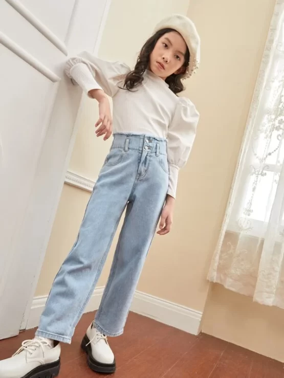 Girls Raw Trim Wide Waistband Pocket Jeans - Image 2