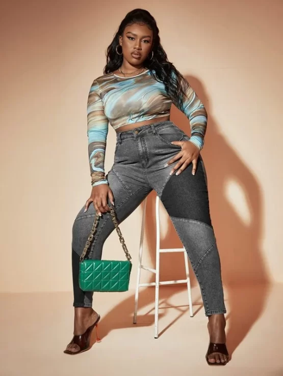 Plus Panel Skinny Zipper Fly High Waist Jeans - Image 2
