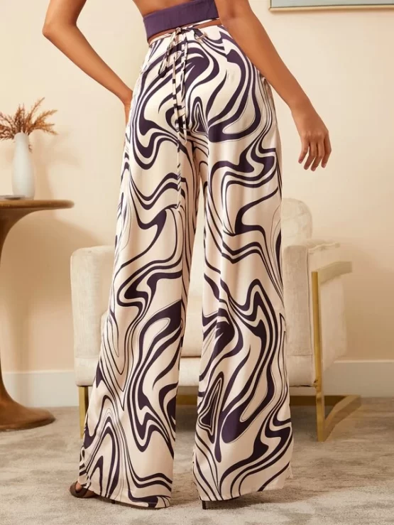 Criss Cross Tie Back Marble Print Wide Leg Pants - Image 2