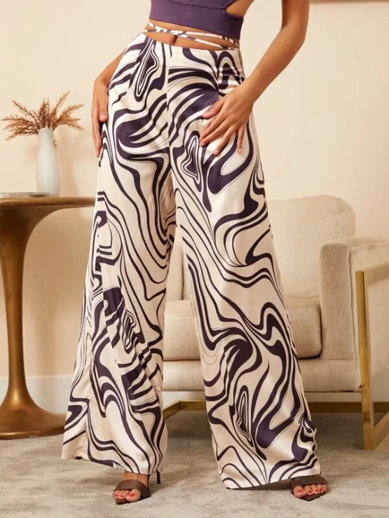 Criss Cross Tie Back Marble Print Wide Leg Pants - Image 3
