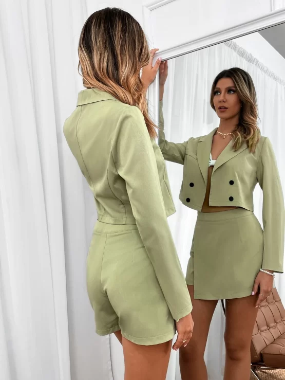 Peek Collar Double Button Placket Crop Blazer & Skort - Image 2