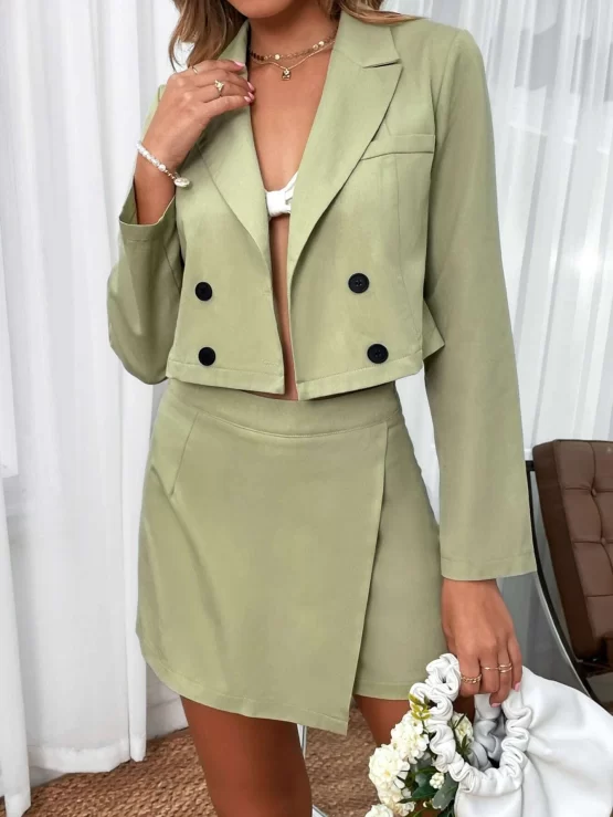 Peek Collar Double Button Placket Crop Blazer & Skort - Image 3