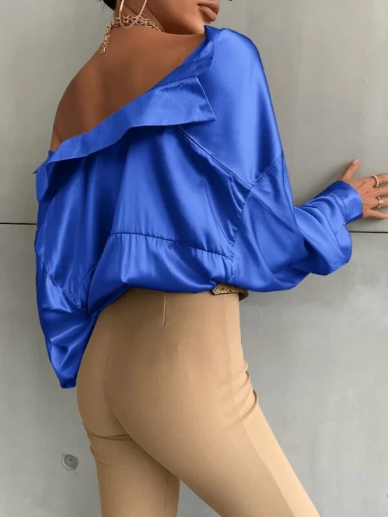 Bishop Collar Sleeve Button Up Satin Shirt - Image 3