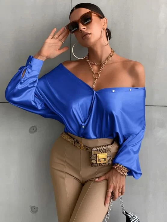 Bishop Collar Sleeve Button Up Satin Shirt - Image 2