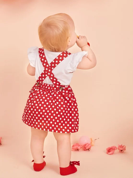 Baby Polka Dot Fake Button Pinafore Skirt & Ruffle Sleeve Tee - Image 3