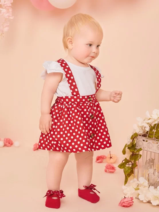 Baby Polka Dot Fake Button Pinafore Skirt & Ruffle Sleeve Tee - Image 2